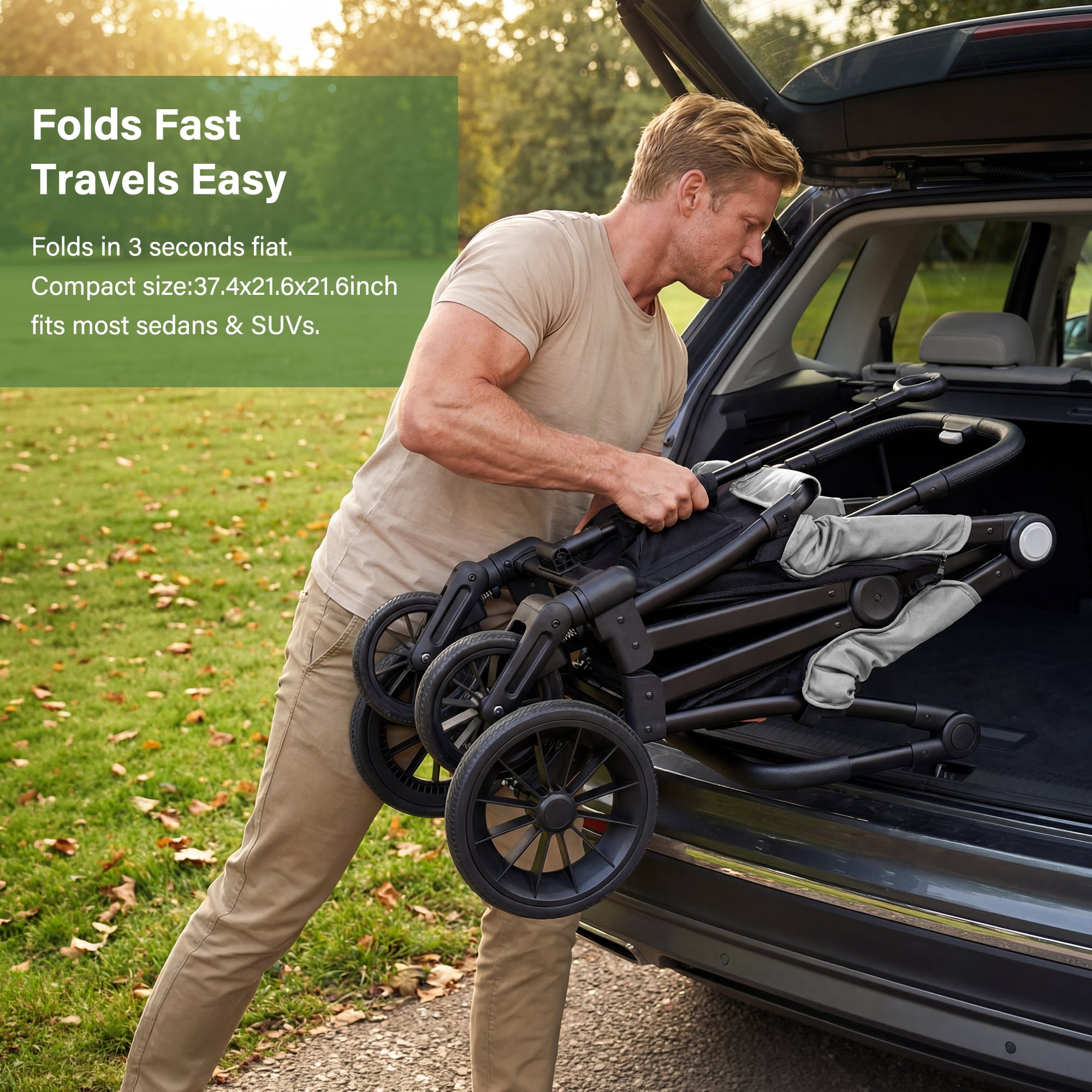 Bobiber Collapsible Wagon Stroller 2 Seater with 3-Point Harnesses, Canopy, Storage Bag, Adjustable Handlebar, 2 Cup Holders, Gray