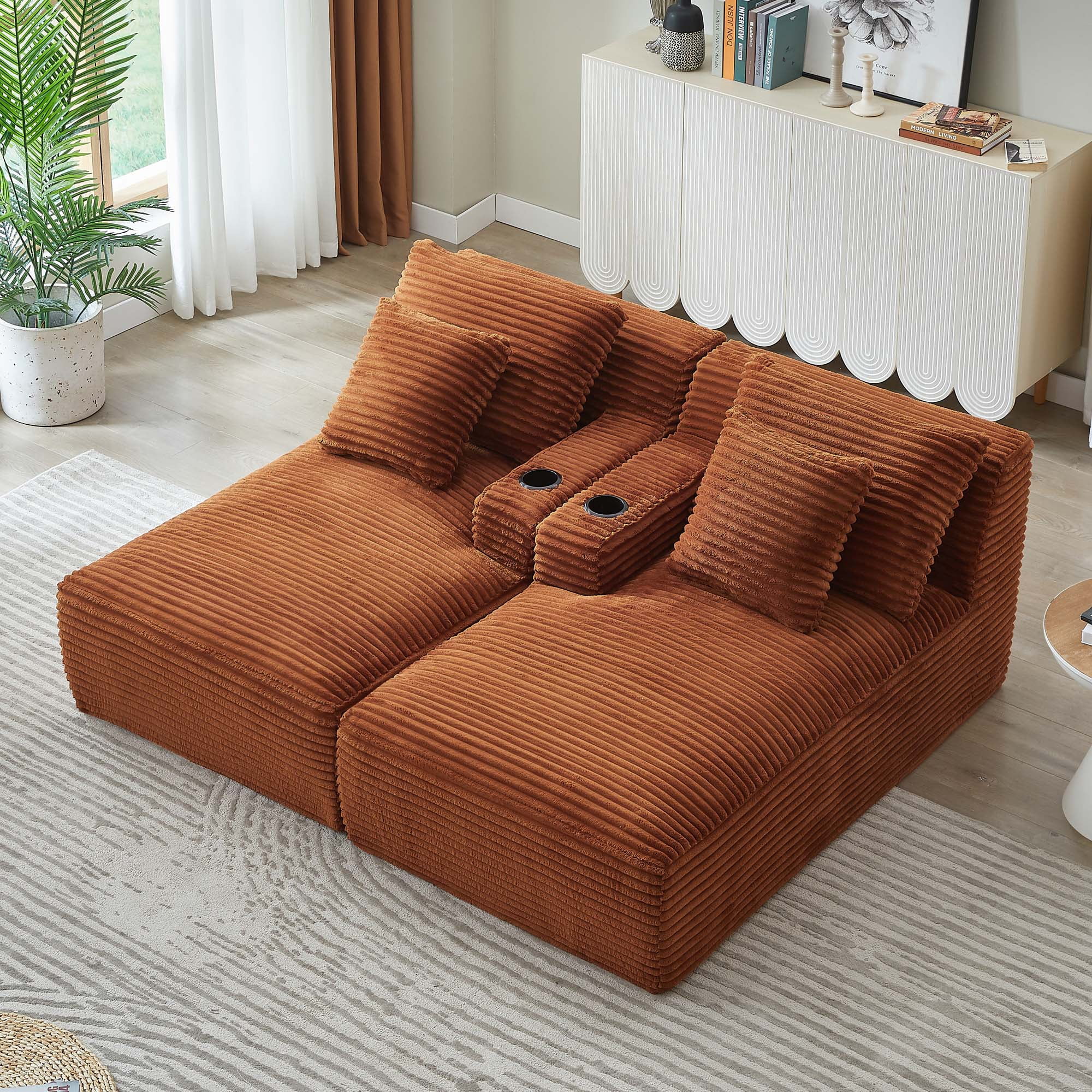 Miniyam Orange Compressible Double Chaise Lounge with Cupholders, Fluffy Modern Sleeper Loveseat for Living Room Bedroom