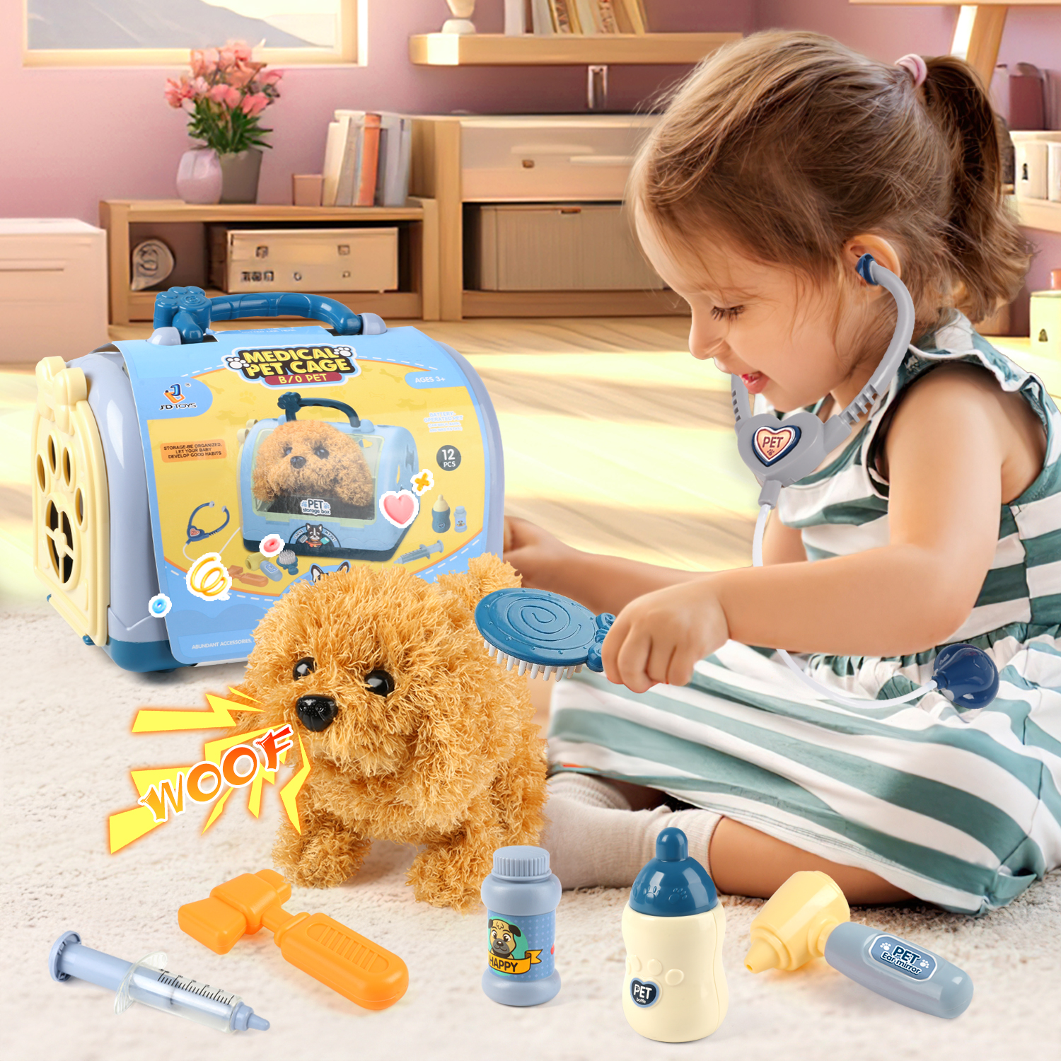 UQN Toy Veterinarian Kit for Kids, Vet Play Sets for Kids with Interactive Electric Dog and Cage, Doctor Pretend Play Toys for Boys Girls Toddlers Ages 2 3 4 5 6 7 Year Old