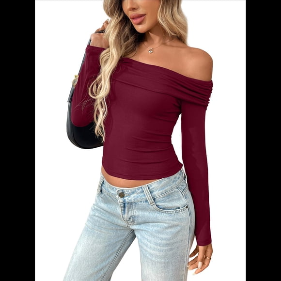 Blusas de Larga con Hombros Descubiertos para Mujer, Ajustadas, Fruncidas, Estilo Y2K, Conjuntos de Moda 2025 Vino Tinto L