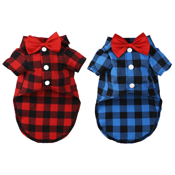 2 Pack Plaid Puppy Shirt Cute Boy Dog Clothes and Bow Tie Combo Dog Outfit for Dogs Cats Birthday Party