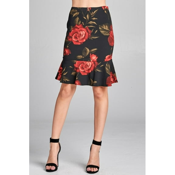 ACTIVE BASIC Peplum Hem Knee Length Skirt with Floral Print In 2 Colors