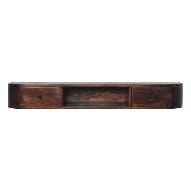 Artisan Furniture Solid Wood Floating Console Table with 2 Drawers & Open Shelf, Chestnut Finish Mango Wood Wall Mounted Storage Unit, Rounded Edge Modern Console