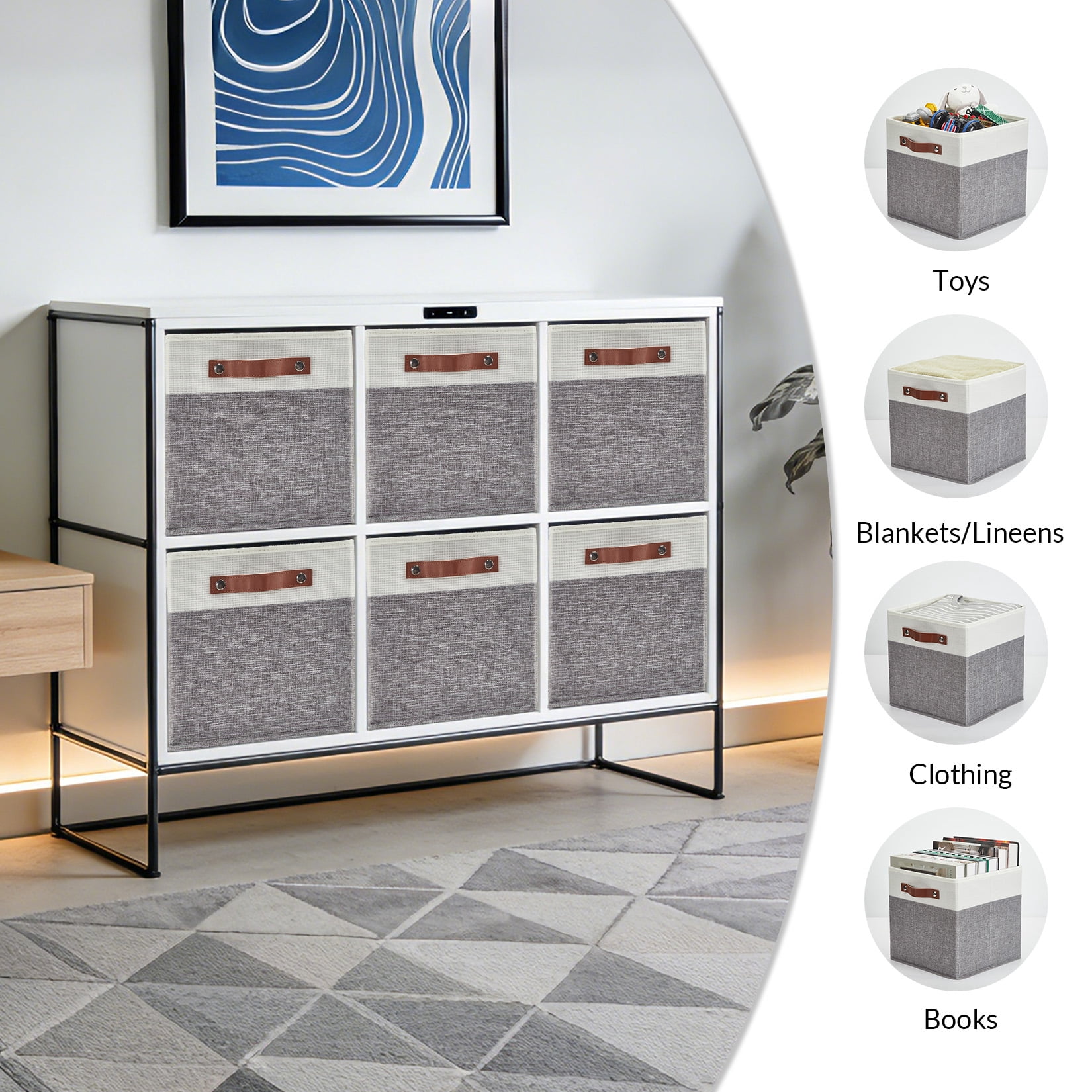 DSstyles Home 13 x 13 Storage Cube Bins, Foldable Collapsible Fabric Storage Bins Box Linen Shelf Basket Cube Organizer for Closet with Leather Handles, 6 Pack White and Gray