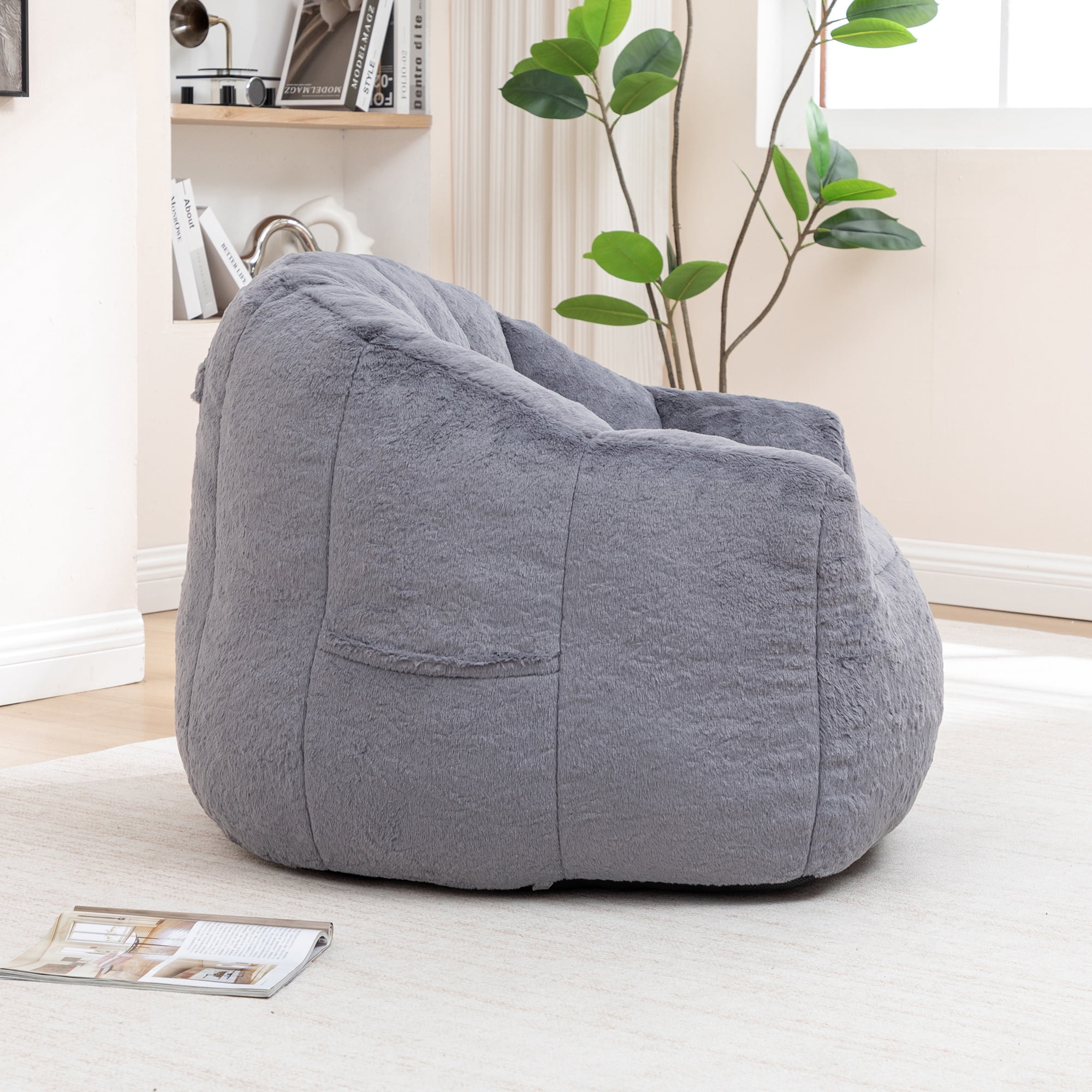 PAPROOS Oversized Bean Bag Chair for Adults, Gray Faux Fur Memory Foam Bean Bag Sofa, Pre-Filled Comfy Lazy Sofa Chair with Removable Cover for Living Room Bedroom Dorm