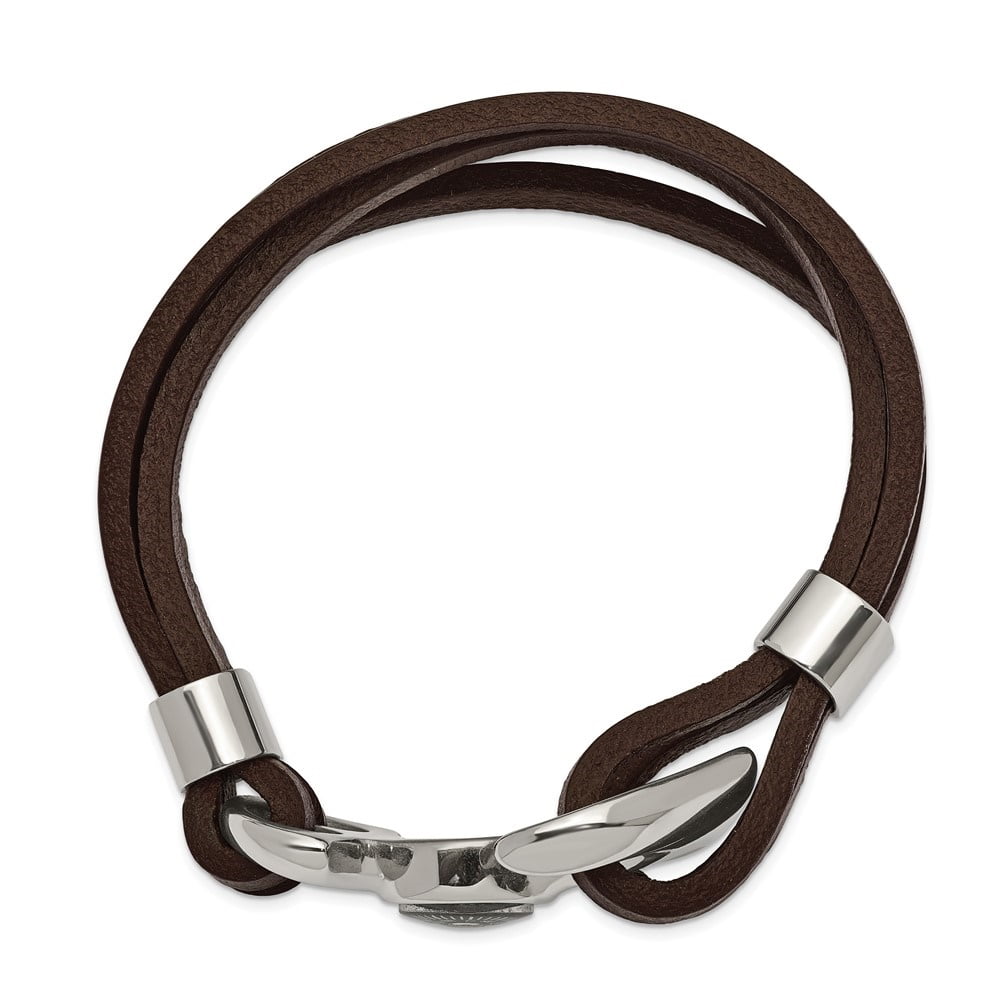 Diamond2Deal Stainless Steel Polished Functional Compass Multi Strand Brown Leather Bracelet for Men 8.5"