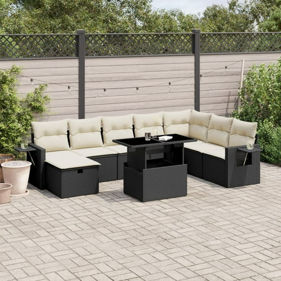vidaXL Garden Sofa Set Black and Cream White PE rattan 9 Piece