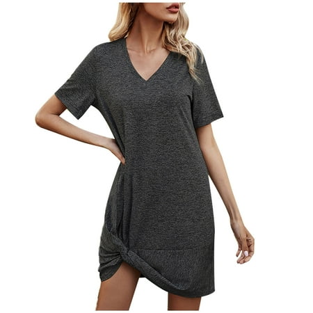 Zpanxa Women s Beach Swimsuit Coverup V Neck Short Sleeve Cover Up Swimwear Bikini T-Shirt Dress with Pockets Sundresses for Women 2025 Gray A M