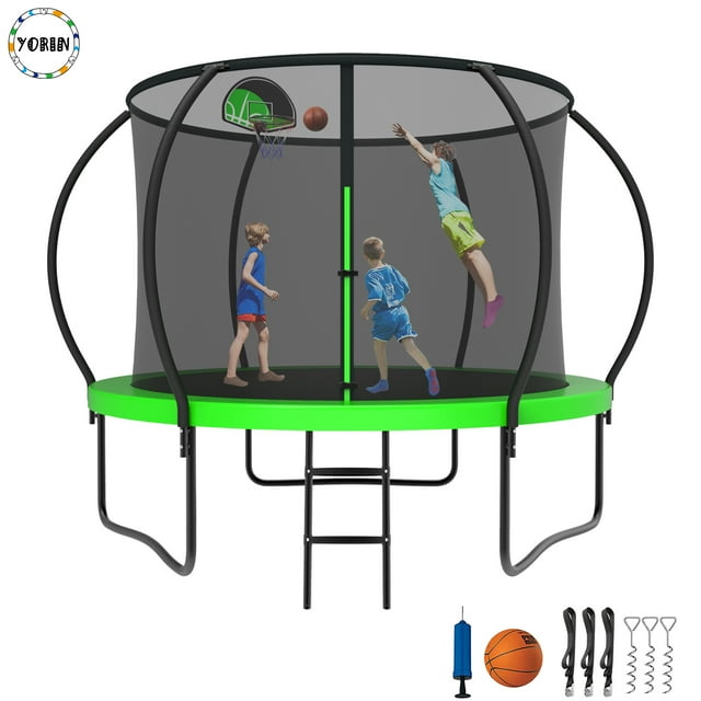 YORIN Trampoline pour 3-4 Enfants, Trampoline de 10 Pi pour Adultes avec Filet d'Enceinte, Panier de Basketball, Échelle, Capacité de Poids de 1000 Lb, Trampoline Récréatif Extérieur, Trampoline Robuste