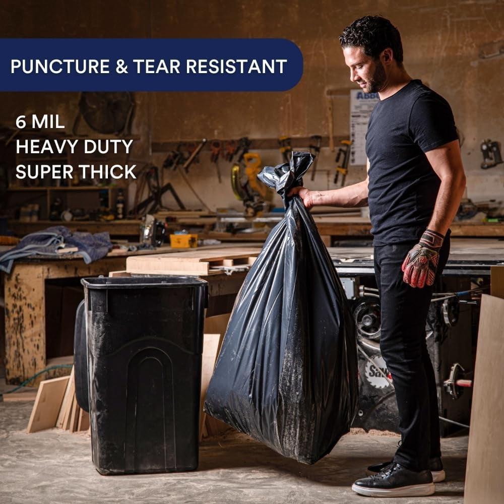 Plasticplace Contractor Trash Bags 42 Gallon │ 6.0 Mil │ Black Heavy Duty Garbage Bag │ 33” x 48” (25 Count)