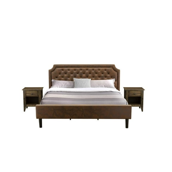 East West Furniture GB25K-2GA07 3-Pc Platform Bedroom set with King Bed and 2 Distressed Jacobean End Tables - Dark Brown Faux Leather and Black Legs