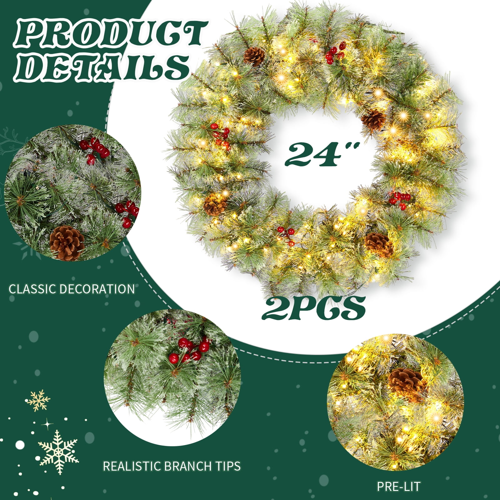 2 Pack 24in Pre-lit Christmas Wreath, Lighted Artificial Xmas Wreath with 100 Warm Lights and 150 Tips and Red Berries Pine Cones, for Front Door Gate Wall Xmas Party Decorations