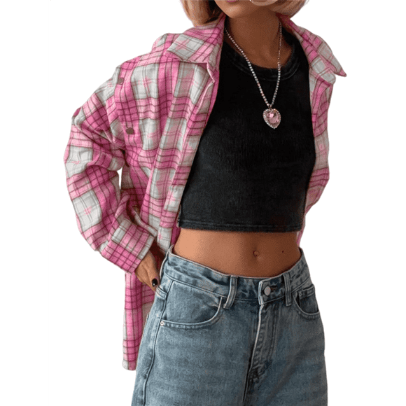 Women's Pink Button-Down Shirt Long Sleeve Plaid Shirt Business Casual Detachable Long Sleeve Lapel Shirt Top S