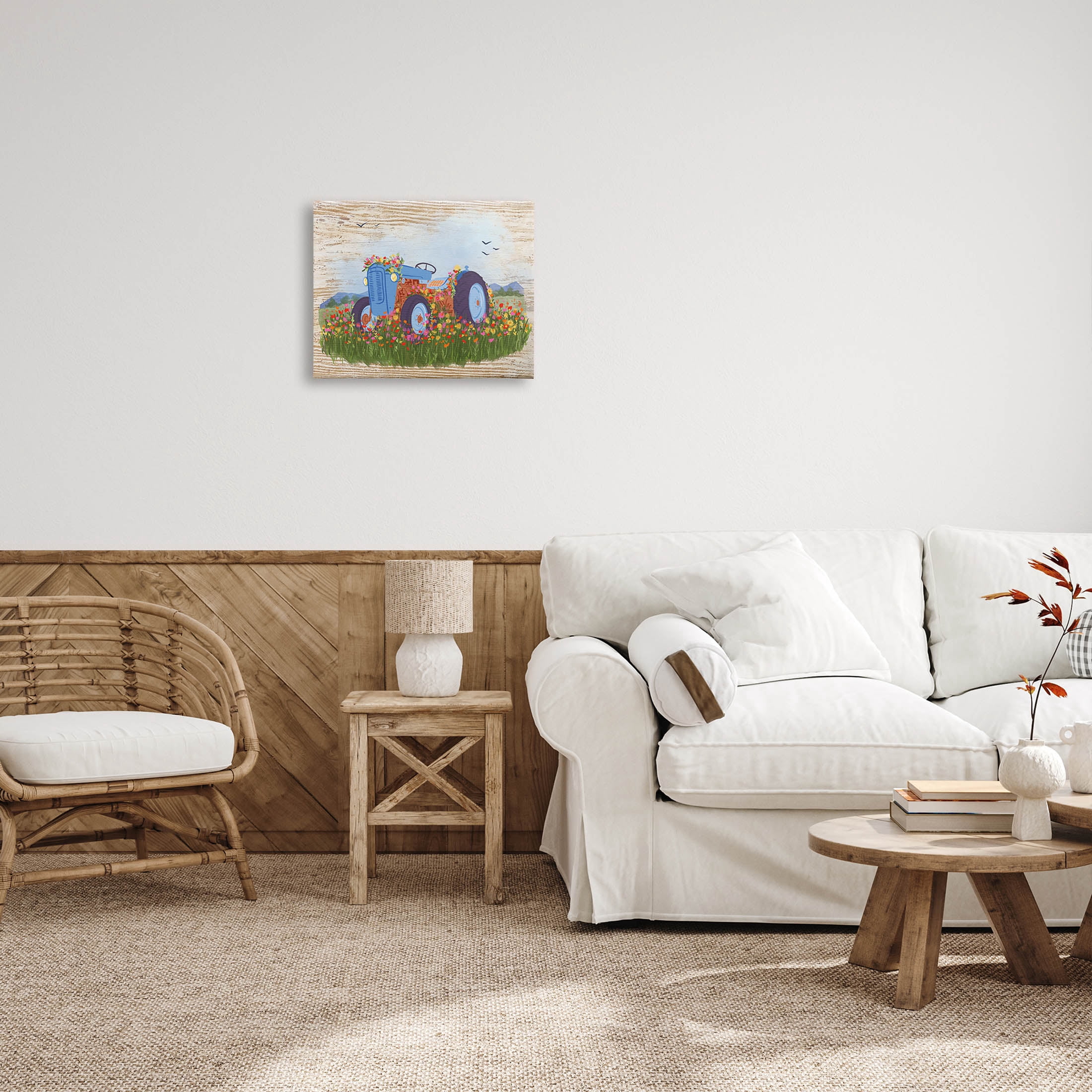 Farmhouse Tractor Floral Blooms Transportation Graphic Art Gallery Wrapped Canvas Print Wall Art