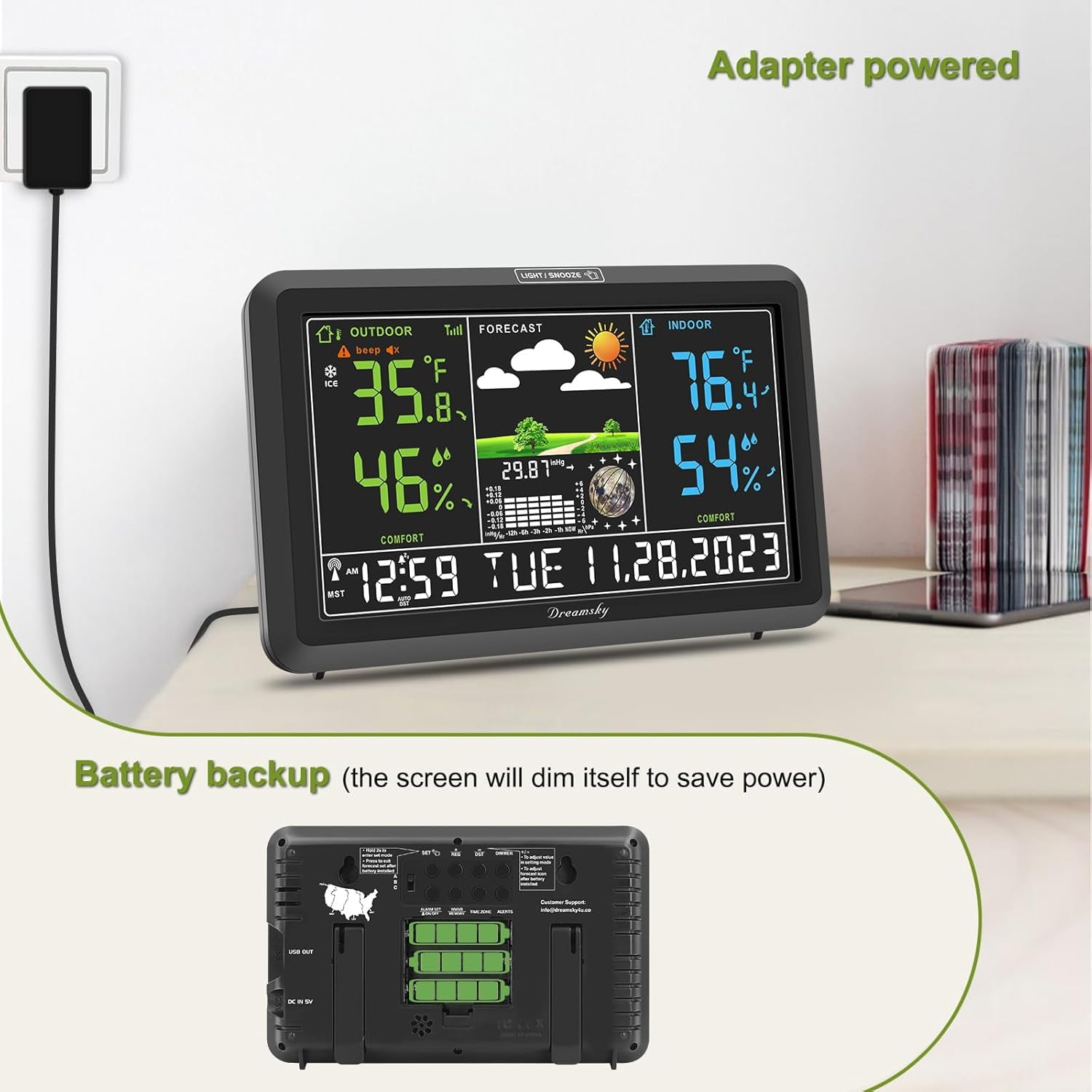 Weather Station Indoor Outdoor Thermometer Wireless with Digital Atomic Clock for Home, Large Display with Adjustable Backlight, USB Port, Inside Outside Temperature Humidity Monitor