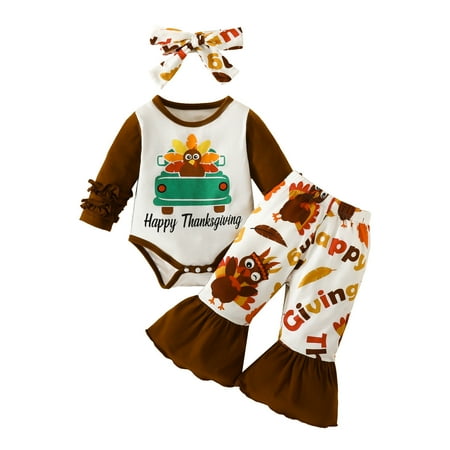 

YDOJG Outfit Set for Toddler Boys Girls Winter Long Sleeve Thanksgiving Cartoon Turkey Print Romper Pants With Headbands 3Pcs Outfits Clothes Set Brown 0-3 Months