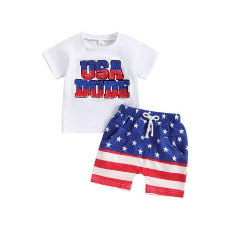 

RSRZRCJ 4th of July Toddler Boys Memorial Day Outfits Letter Embroidery T-Shirt + Star Stripe Shorts 2 Pcs Clothes Set for 0-3 Years
