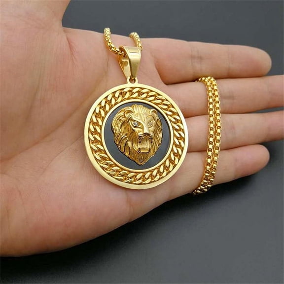 Mens Lion Head Necklace Pendant With Cuban Chain Male Hip Hop 14K Yellow Gold Animal Necklace Golden Jewelry