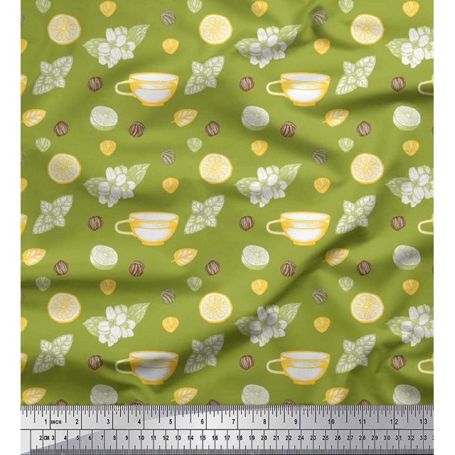 Soimoi Green Modal Satin Fabric Floral,Tea Cup & Lemon Slice Vegetable Decor Fabric Printed Yard 42 Inch Wide