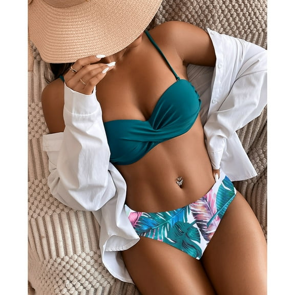 New Sexy Print Bikini Set Three Piece Swimming Suits Bathing Suit Woman Beachwear High Waist Drawstring Swimsuit Women Swimwear