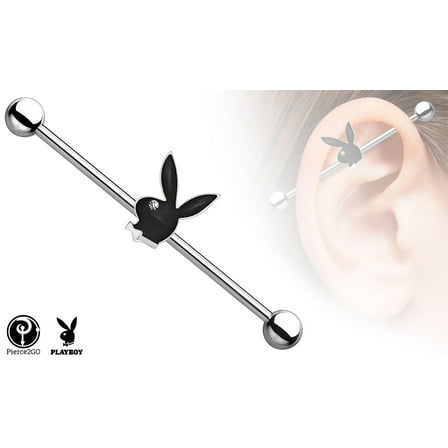 Pierce2go Playboy Black 14G 38mm Surgical Steel Industrial Barbell Ear Piercing Bar with Stone Eye 1 1/2"