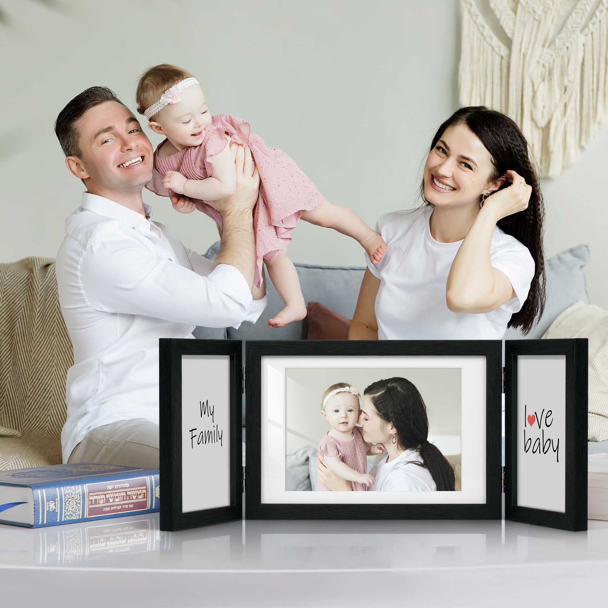 SUMGAR Three Picture Frames 5x7 4x6 Black Trifold Hinged Folding Collage Frame with 3 Opening,Wedding Family Photo Frame Vertical for Wall Table Decor