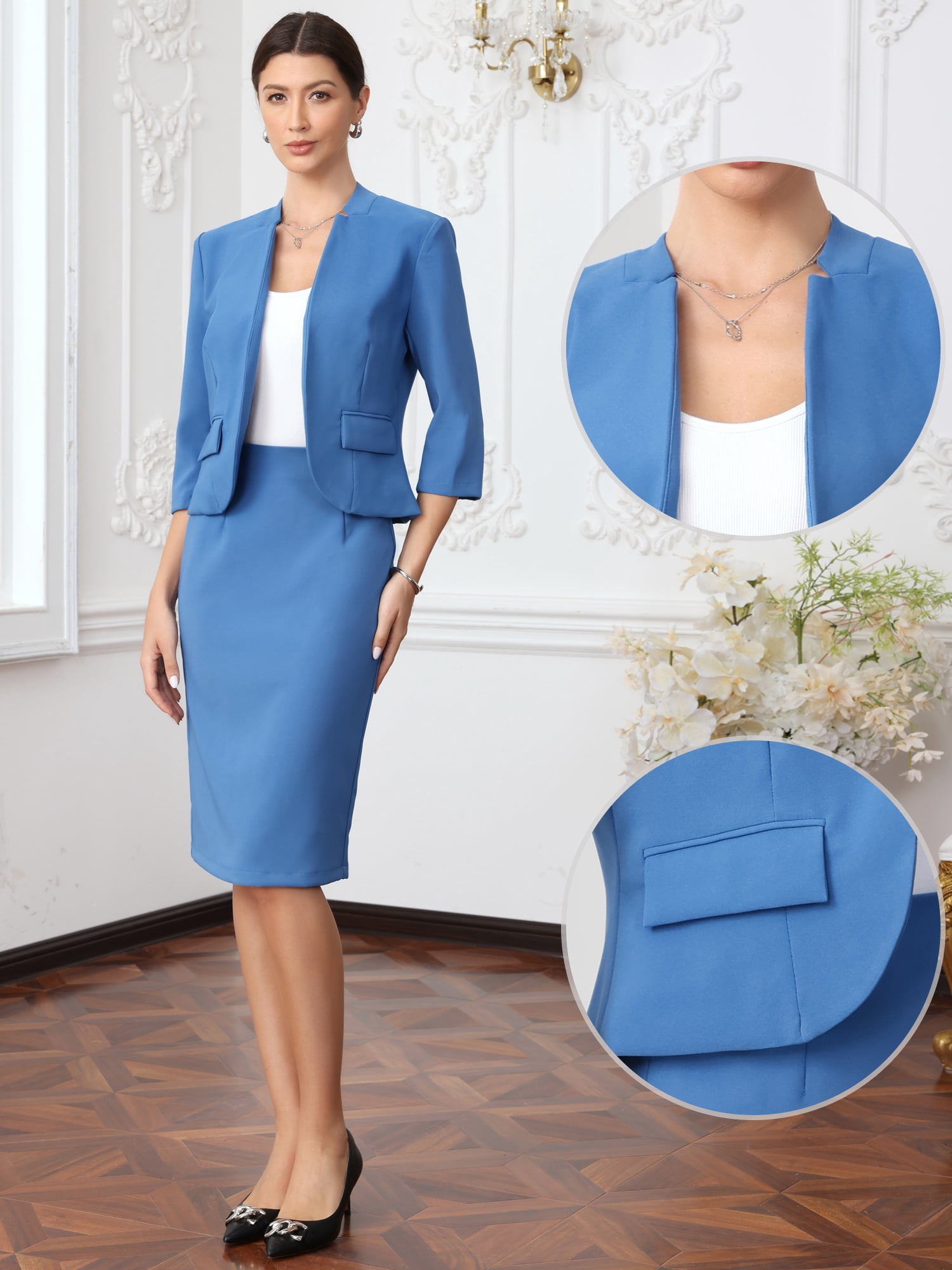 DARING DIVA 2Pcs Women's Spring Skirt Collarless Blazer Set S Blue