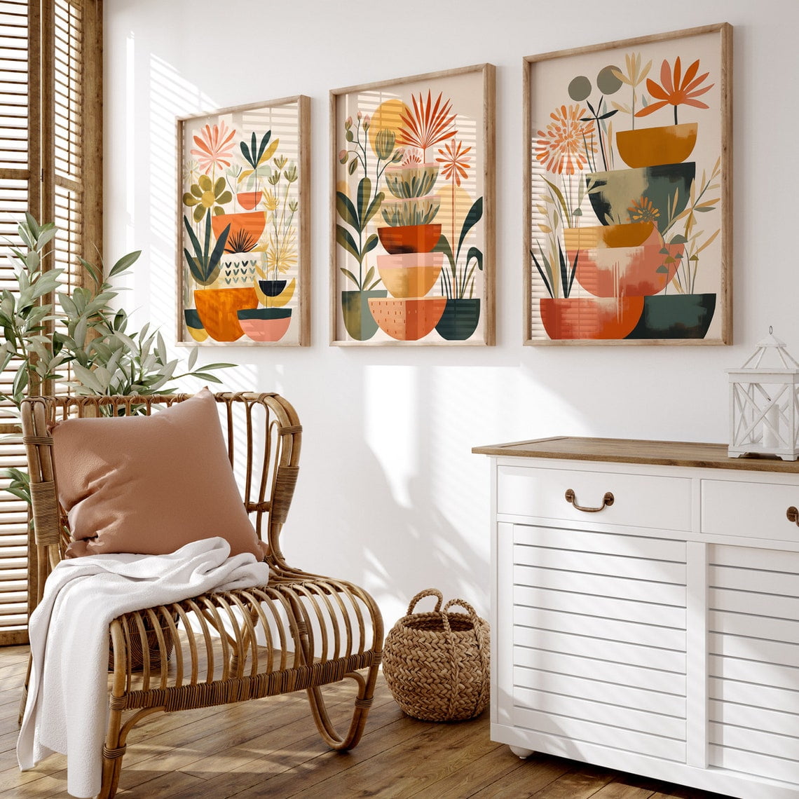Set Of 3 Boho Abstract Flowers Wall Art Prints Floral Mid Century Modern Vintage Botanical Bedroom And Living Room Decor