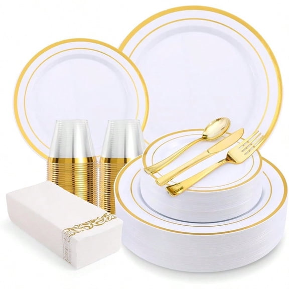 350-Piece Gold Rim Plastic Dinnerware Set for 50 Guests Elegant Disposable Dinnerware for Party Wedding. Includes Dinner Plates Dert Plates Gold Sierware Napkins Cups