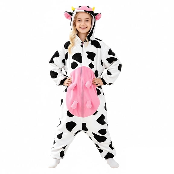 Kids Cow Unisex Cozy Long Sleeve Hooded Zip up Jumpsuit Animal Halloween for Boys Size 1-12 years