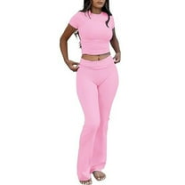 Summer Fashion Plus Size Two Piece Sets for Women Going Out Trendy Clothes 2025 Casual Shoulder Solid Color Pocket Exercise Straight Short Sleeved Low Waisted Flared Pants Sports