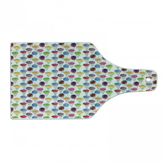 Ice Cream Cutting Board, Summer Pattern with Hand-drawn Cones Ice Cream Toppings with Watercolor Spots, Decorative Tempered Glass Cutting and Serving Board, in 3 Sizes, by Ambesonne