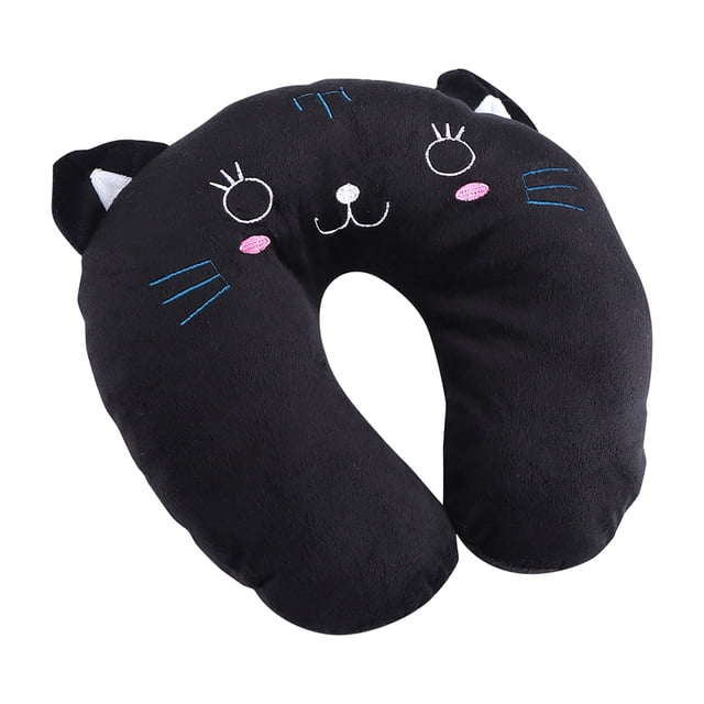 Nikou Oreiller en Forme d'animal en Forme de U, Coussin de Cou de Voyage Doux en Coton PP pour Repose-tête de Voiture(Chat Noir)