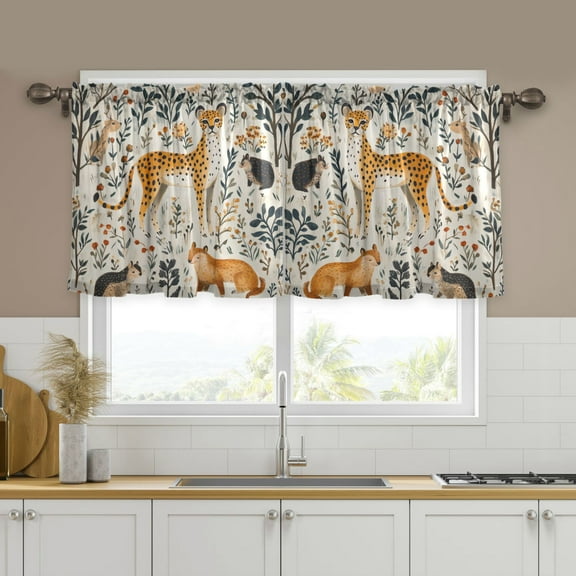Yayeee Kitchen Curtains Tier Set of 2 Light Filtering 57"x24" Over Sink Window Panels, Animals in A Forest Pattern