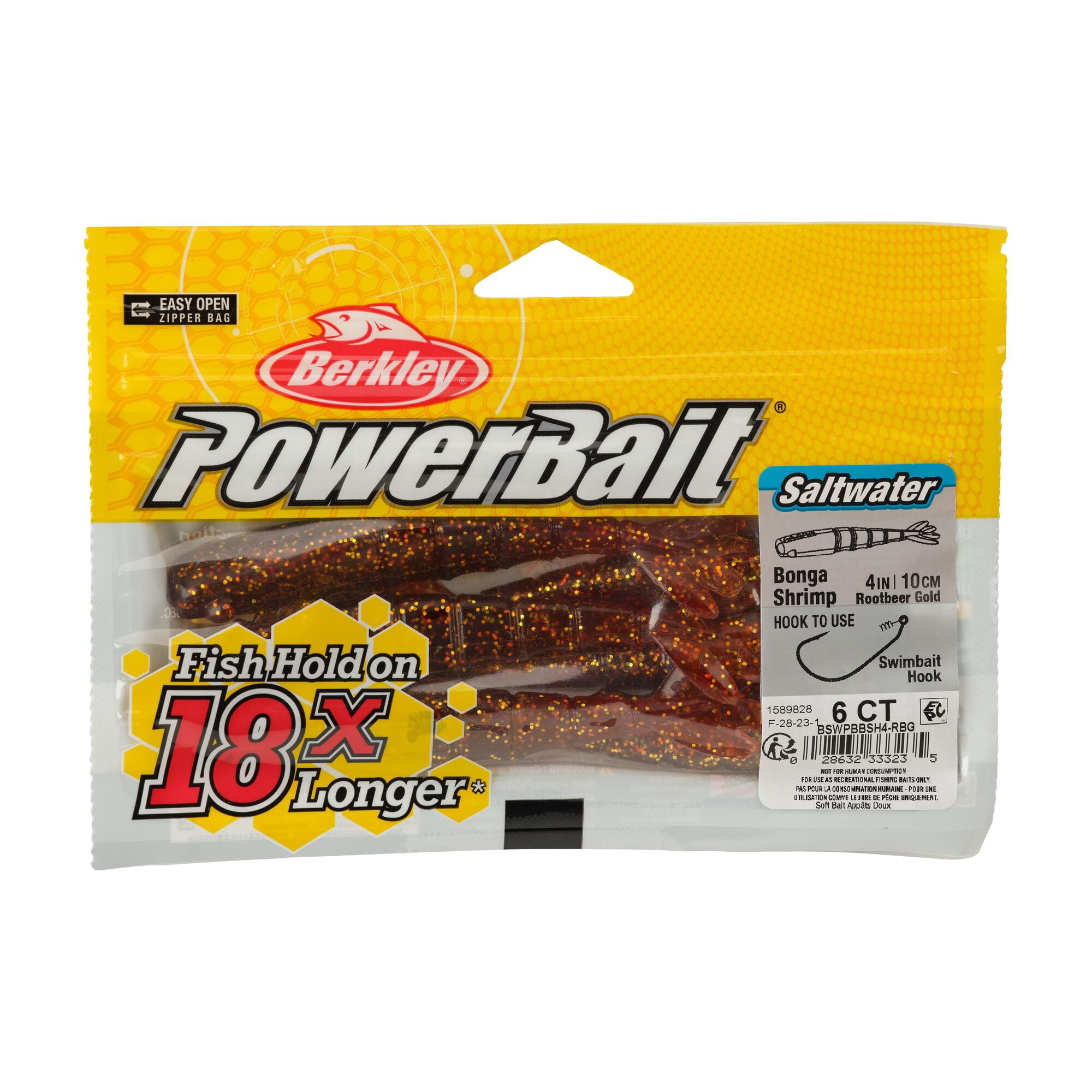 Berkley PowerBait® Saltwater Bonga Shrimp, 4 in, Shrimp, Root Beer Gold (6-count)