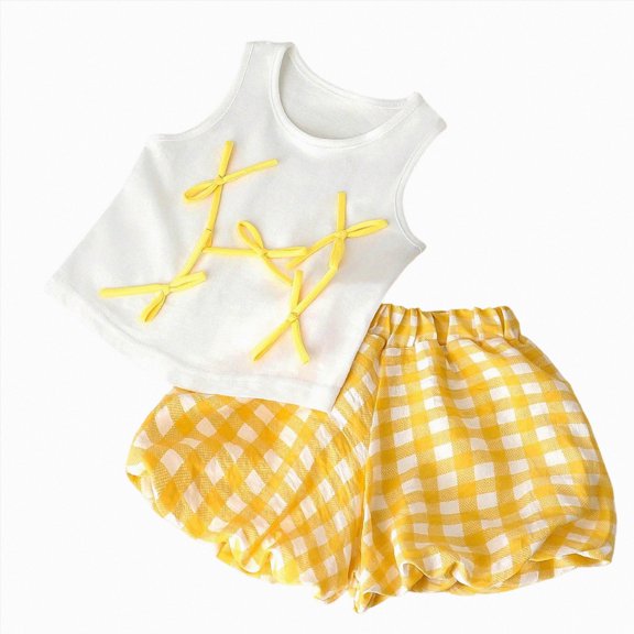 KPOPLK Toddler Baby Girl Clothes Summer Outfits Infant Sleeveless Ruffled Vest Top Shirts Cute Bow Short Sets 2Pcs for 9M-6Y(18-24 Months,Yellow)