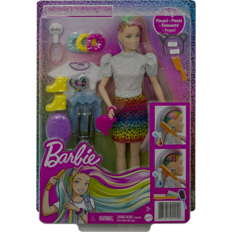 Barbie Leopard Rainbow Hair Doll with & Styling Accessories, Blue Eyes -