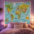 thumbnail image 2 of Bright World Map with Landmarks, Animals and Compass, Whimsical Illustration for Geography Fans, Travel Poster Decor, Housewarming Gift, Tapestry Wall Hanging for Bedroom and Living Room, 2 of 7