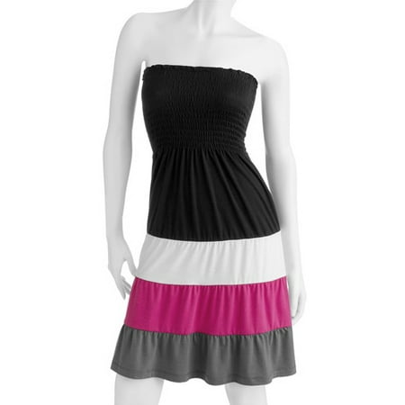 Juniors Plus Smocked Strapless Color Block Dress