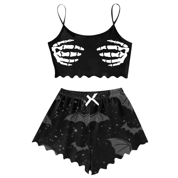 RMGVDSD Womens Pajama Sets Skeleton Print Cami Top Shorts Set, Spaghetti Strap Crop Tank Top with Bottoms, Halloween Pajamas 2 Piece Soft Comfy Sleepwear Nightwear