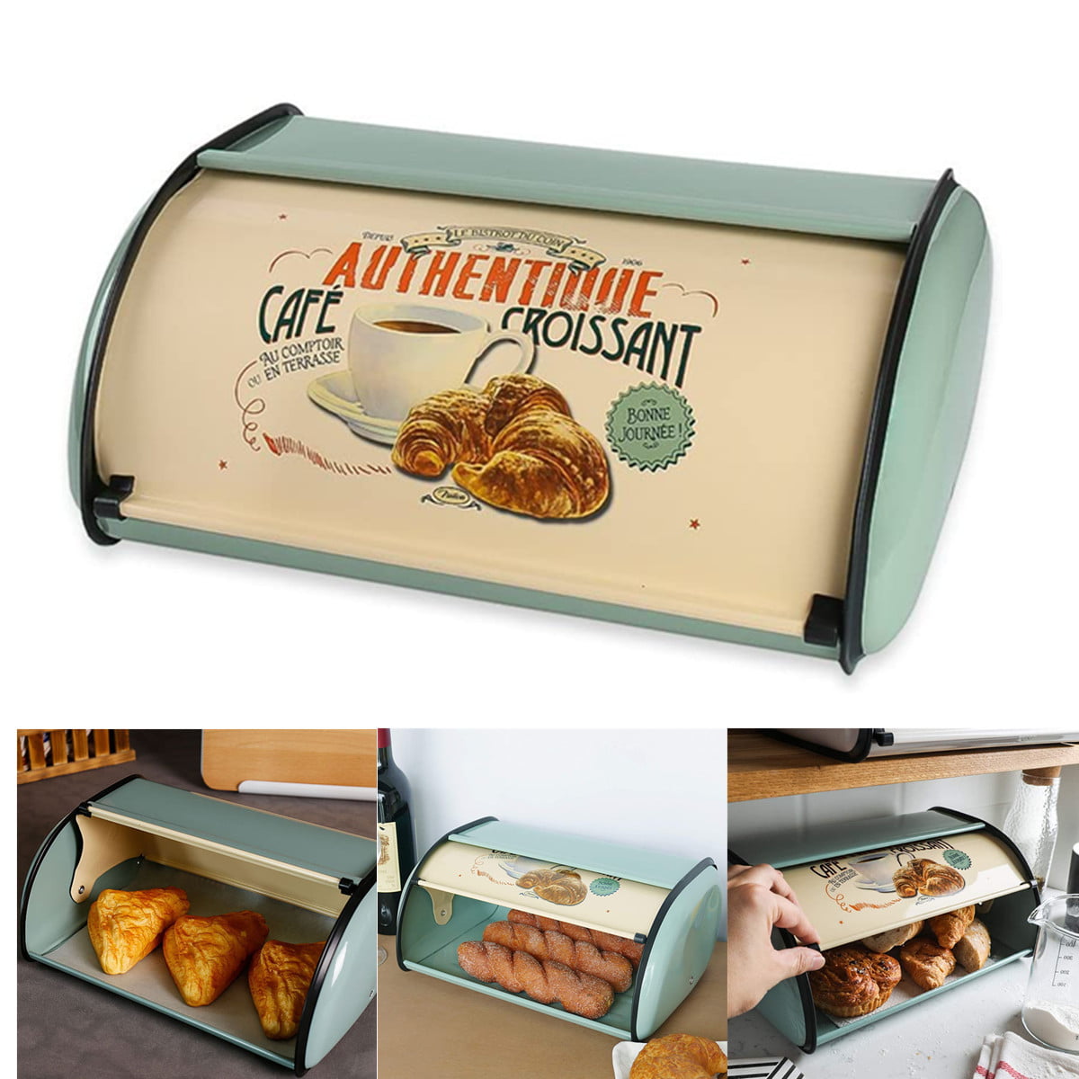 French Retro Stainless Steel Bread Box Metal Bread Bin,Cafe Kitchen Counter  Storage Containers Roll Top Lid Baking Holder, Fingerprint Proof, 12.6 