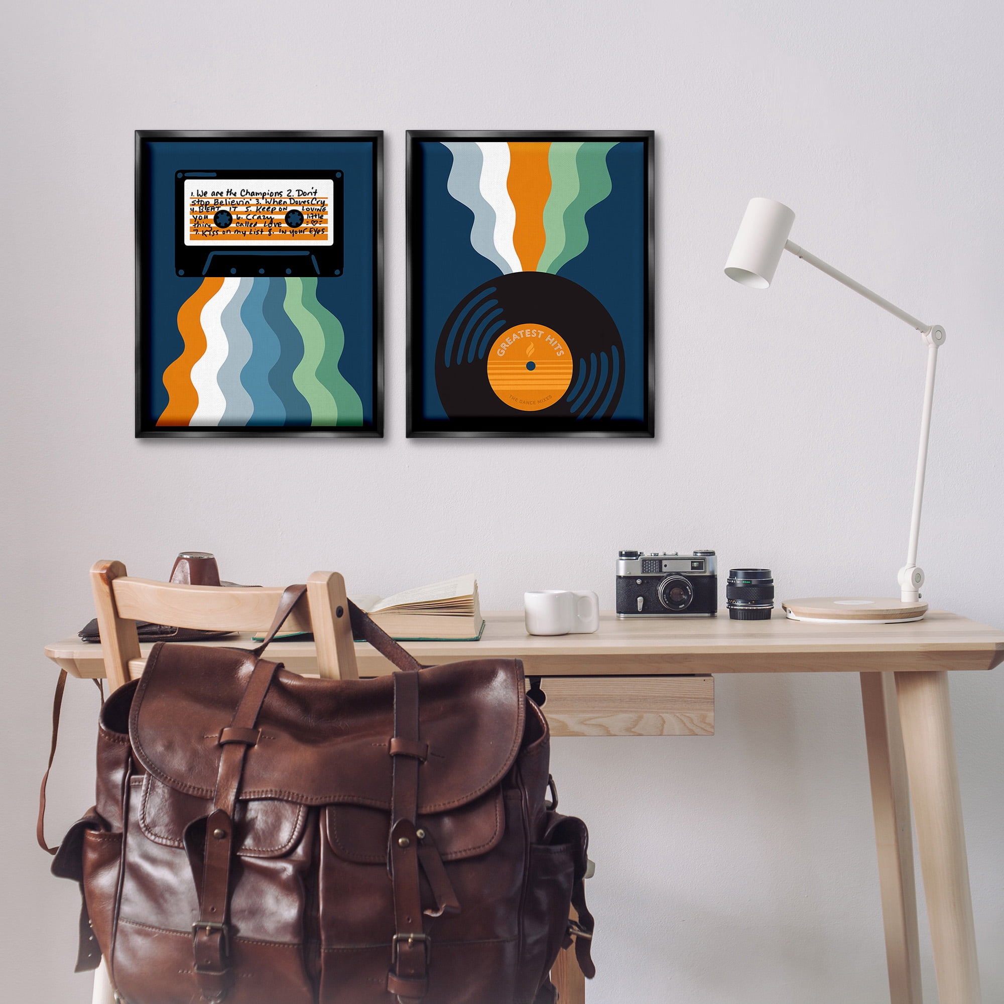 Stupell Industries Retro Music with Stripes Abstract Painting Black Floater Framed Canvas Art Print Wall Art, 17 x 21, Set of 2