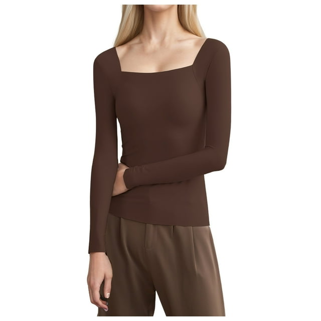 asddcavvf sous-Vêtements Thermiques pour Femmes Crop Tops Manches Longues Col Carré Basique Décontracté Slim