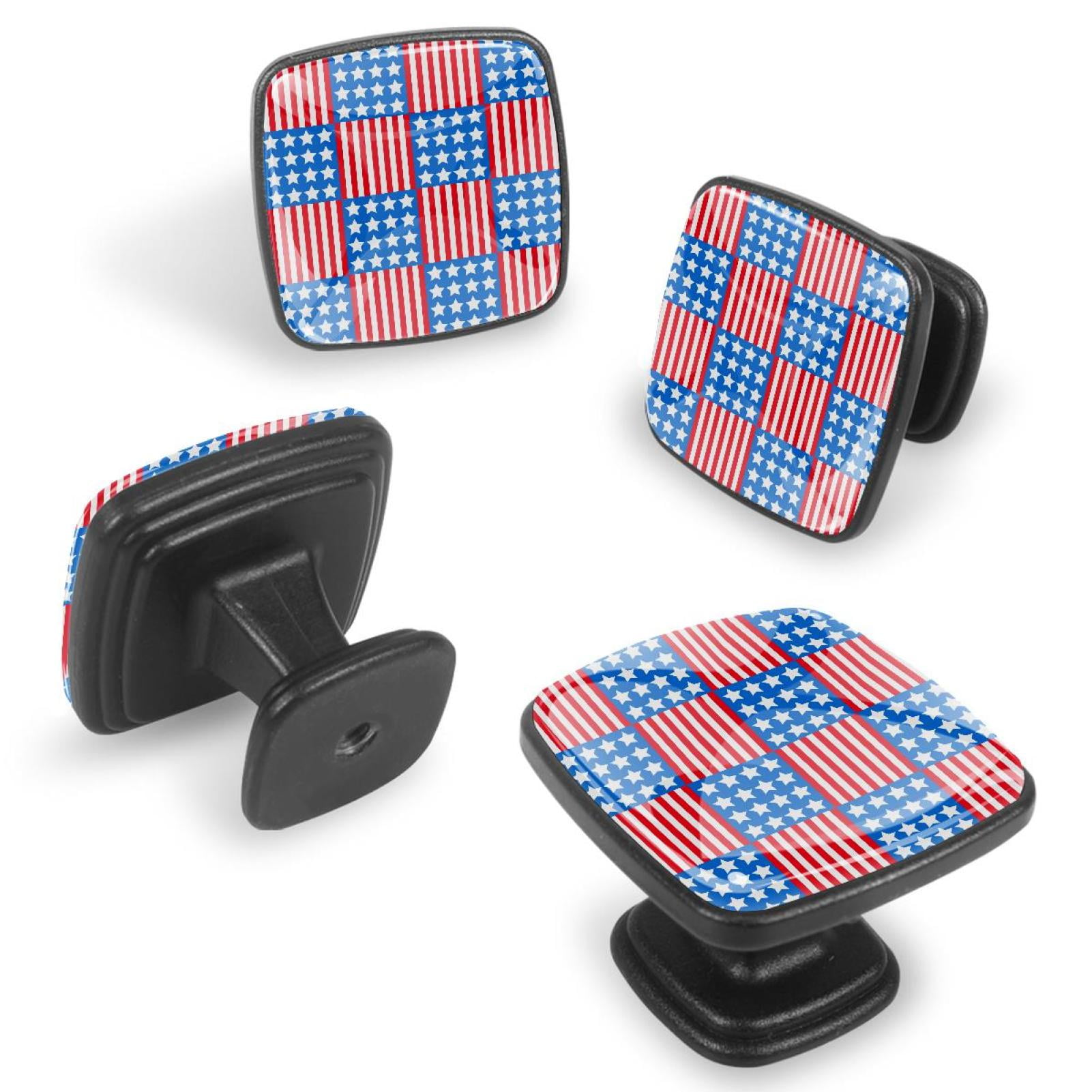 4 Pcs Cabinet Handle Drawer Pulls Red Stripes Blue White Stars Knobs with Screws Square Furniture Office Cabinet Knob Decoration