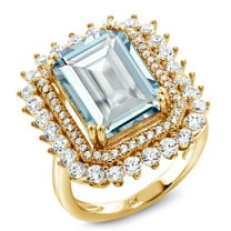 Gem Stone King 7.24 Ct Octagon Sky Blue Simulated Aquamarine 18K Yellow Gold Plated Silver Ring