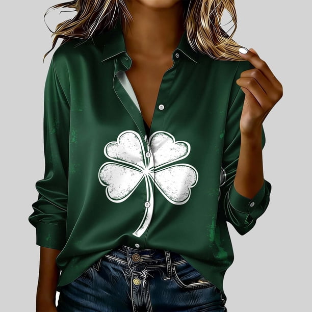 TaTaai Women Fashion St. Patrick's Day Long Sleeve Shirt Ladies Printed Round Neck Casual Blouse Lightweight Soft Polyester Top for Daily Party Work Vacation All Seasons Wear Gift