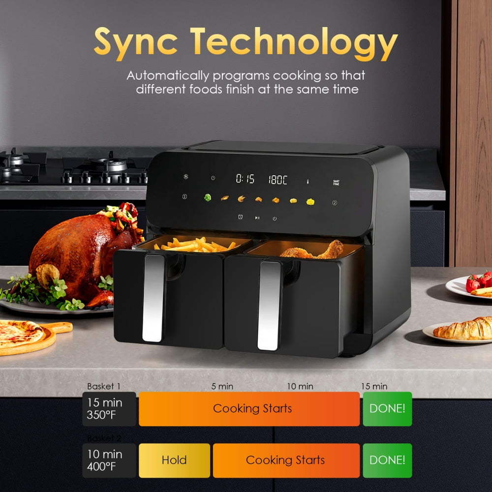 10QT Double Basket Air Fryer, 2×5QT Independent Baskets with SyncCook, 1700W High-Speed Digital Air Fryer for Large Family Meals