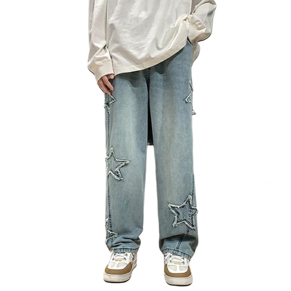 LIJCC Teen Boys Jeans Star Decoration Baggy Straight Wide Leg Elastic Waist Denim Pants Loose Casual Jean Pants