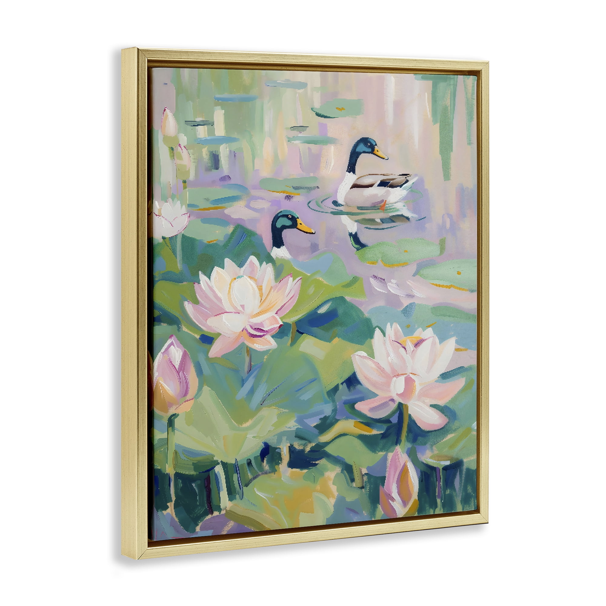 Stupell Industries Duck Pond with Lotus Flowers Gold Framed Floater Canvas Wall Art, design by The Prints Vibe