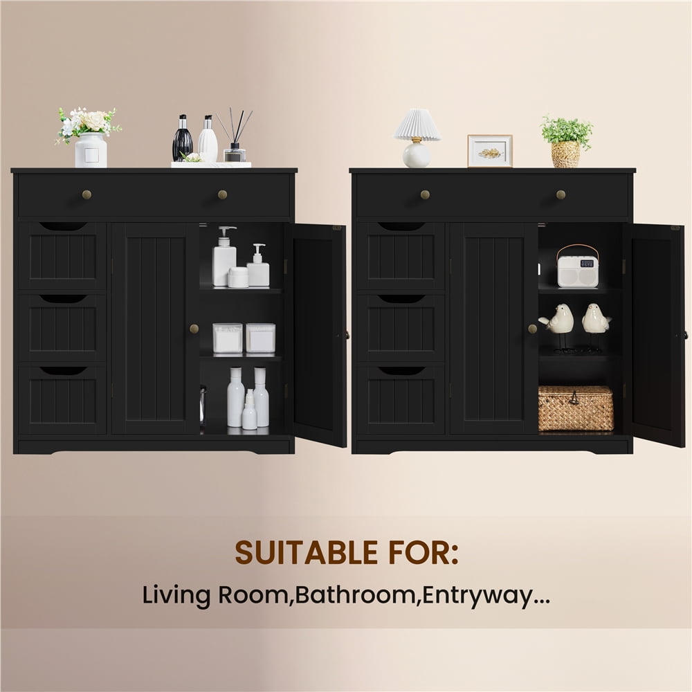 Yaheetech Modern Wooden Bathroom Storage Cabinet with Adjustable Shelf, 4 Drawers, 2 Doors, White